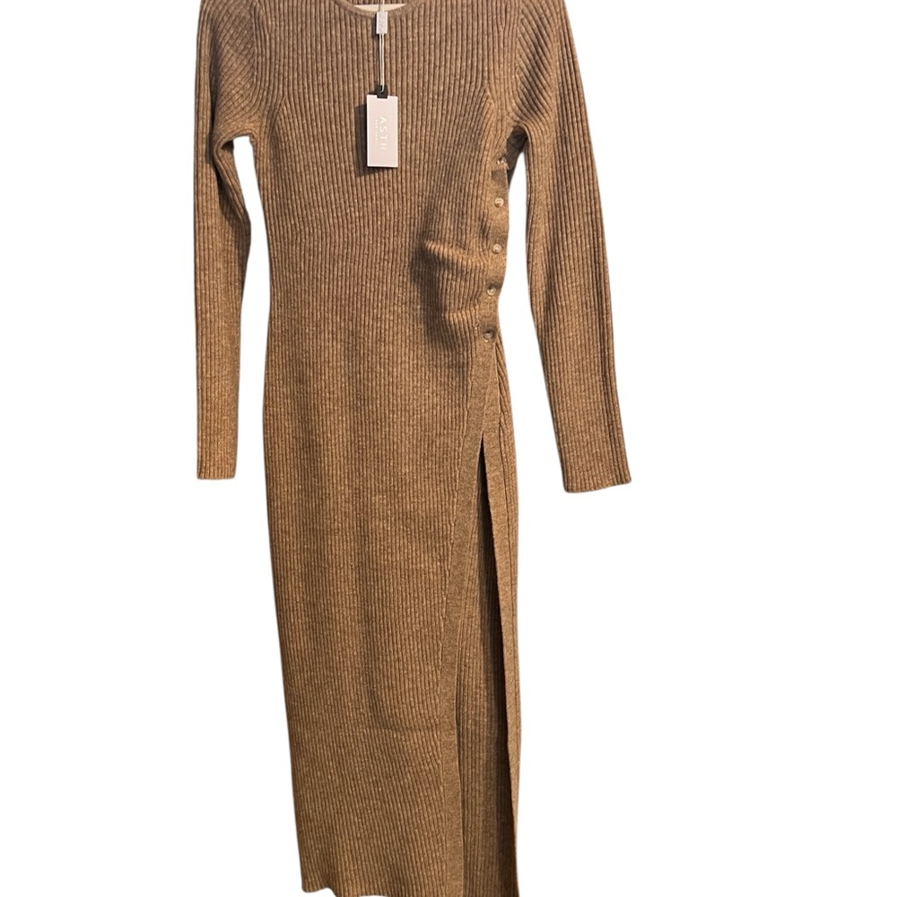 Astr Tan Long Sleeve Ribbed Dress